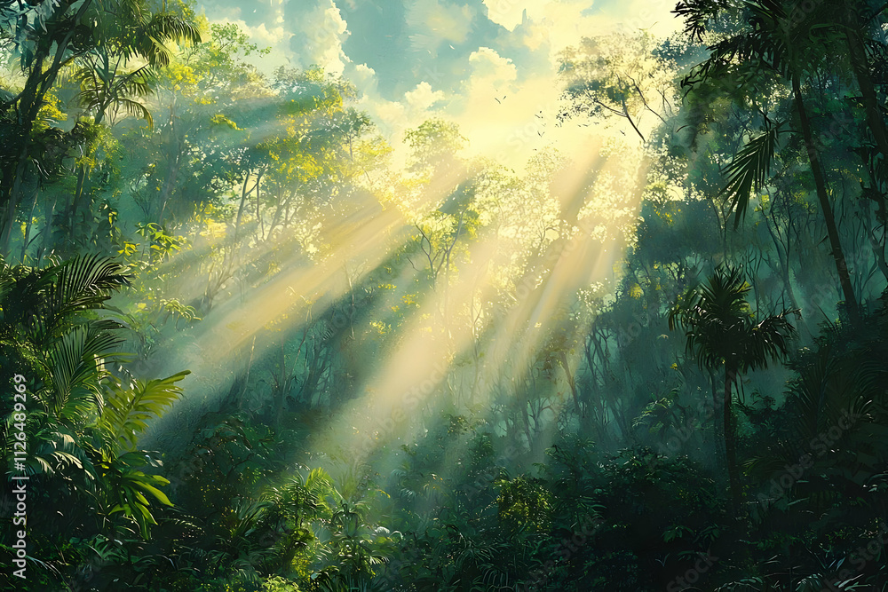 Jungle Sunlight Beams Through Lush Canopy Jungle Sunlight Beams Through Lush Canopy