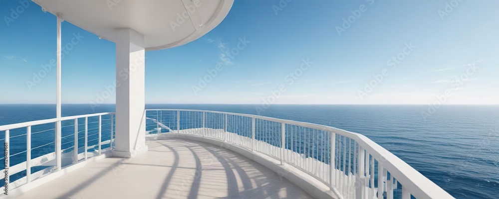 Fototapeta premium White prismatic balcony structure with view of blue sea and sky, modern architecture, city skyline, contemporary design, aquatic landscape