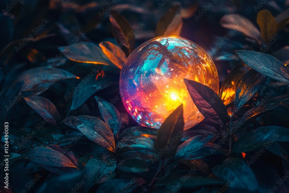 Fototapeta premium A glowing crystal ball emitting rainbow hues, resting on dark green leaves with golden and orange tones surrounding it