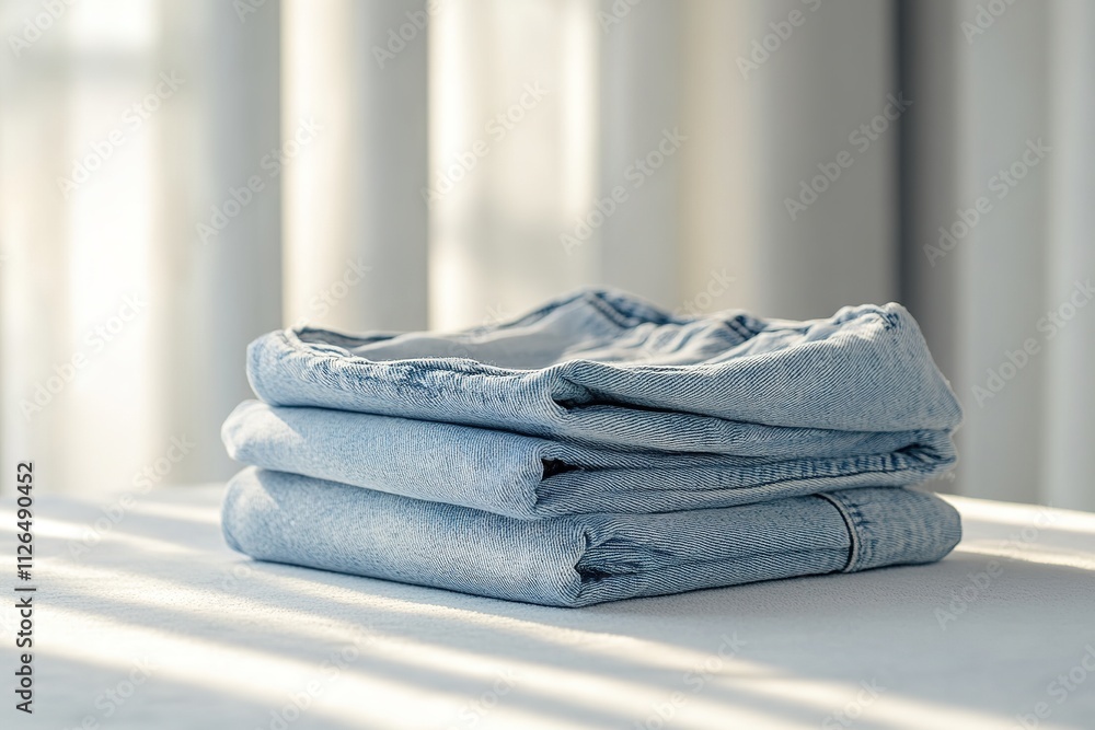 Folded blue jeans in soft sunlight on white surface. Folded blue jeans in soft sunlight on white surface.