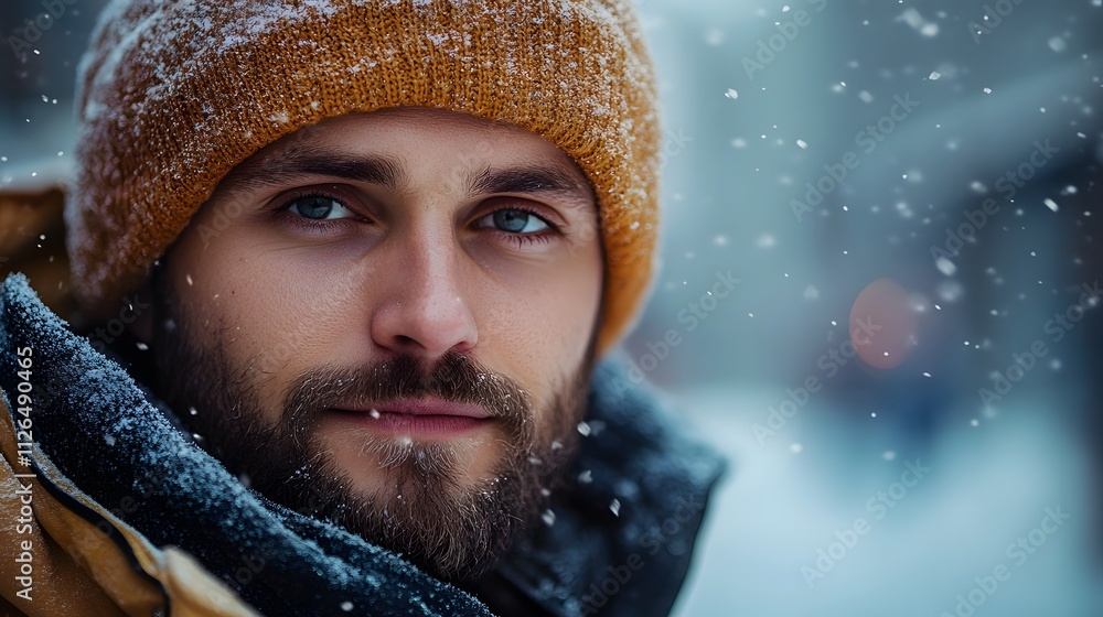 Young Caucasian man in winter attire surrounded by falling snowflakes. Young Caucasian man in winter attire surrounded by falling snowflakes.