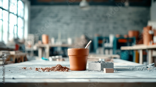 A focused workspace with a terracotta pot, clay, and tools, showcasing a creative environment for crafting and design.