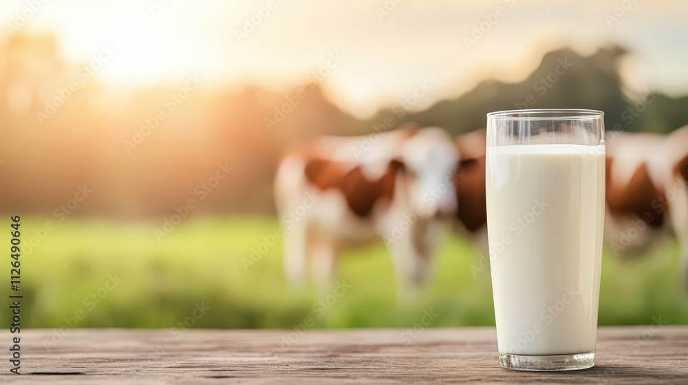 Farmer enjoying fresh milk with cows grazing in the background at sunset Farmer enjoying fresh milk with cows grazing in the background at sunset