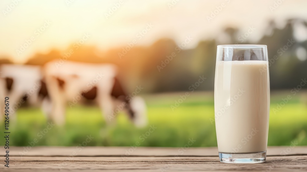 Fresh milk served in a glass with cows grazing in the background during sunset Fresh milk served in a glass with cows grazing in the background during sunset