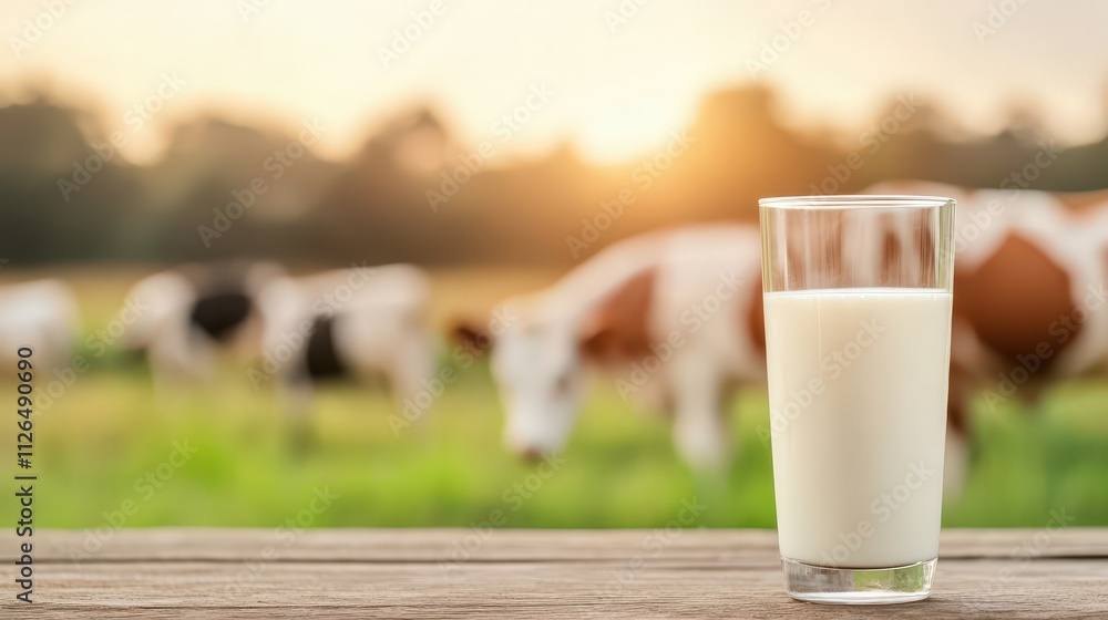 Farmer with cows in the background next to glass of fresh milk at sunset Farmer with cows in the background next to glass of fresh milk at sunset