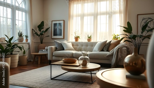 A serene and inviting aesthetic living room is showcased. The camera slowly pans across the room, capturing the soft, natural light filtering through large windows adorned with sheer curtains. The fur