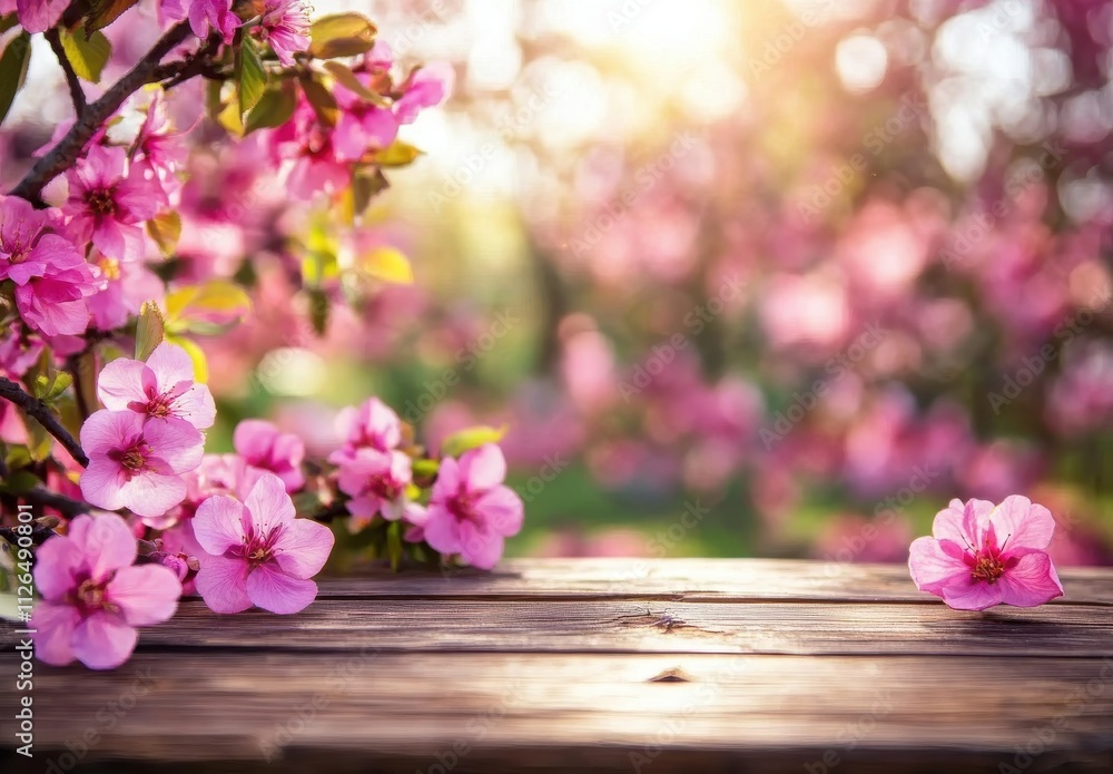 Empty wooden table with blurred spring garden background Empty wooden table with blurred spring garden background