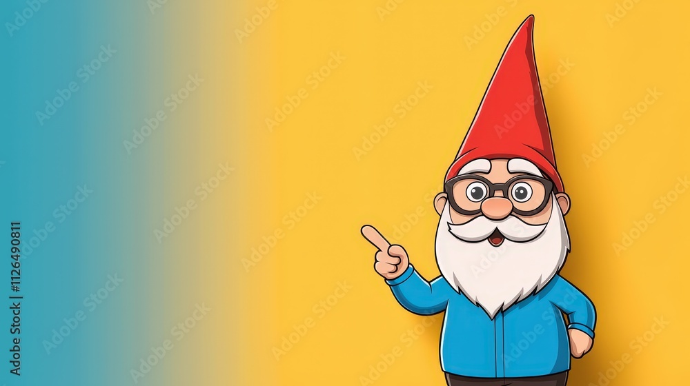 Garden gnome in shirt enthusiastically pointing at a colorful chart in an outdoor setting Garden gnome in shirt enthusiastically pointing at a colorful chart in an outdoor setting