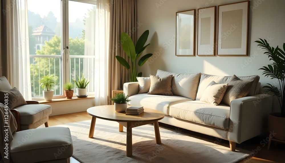 custom made wallpaper toronto digitalA serene and inviting aesthetic living room is showcased. The camera slowly pans across the room, capturing the soft, natural light filtering through large windows adorned with sheer curtains. The fur