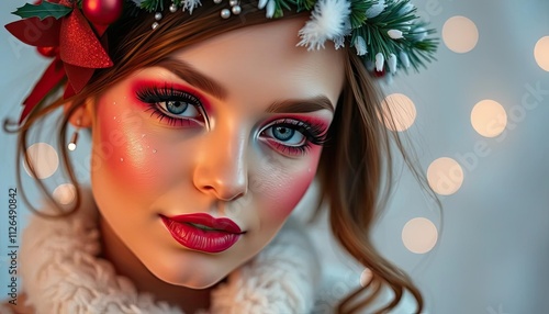 A festive portrait of a woman with holiday-themed makeup and decorations.