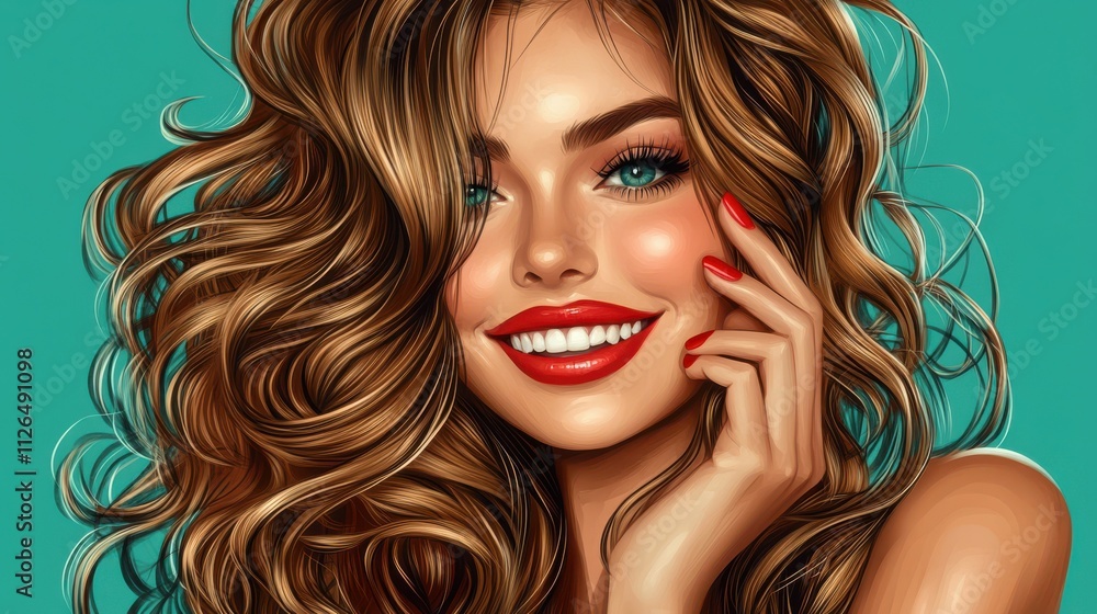 Fototapeta premium Beautiful smiling woman with long wavy hair . Girl curly hairstyle and red manicure nails . Beauty ,makeup and cosmetics .