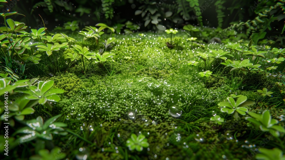 The world as seen from an ant?s view, with towering blades of grass and dew droplets like crystal spheres The world as seen from an ant?s view, with towering blades of grass and dew droplets like crystal spheres