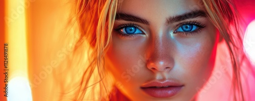 Beautiful model girl with blue eyes in bright red and neon light. Girl with an expressive look