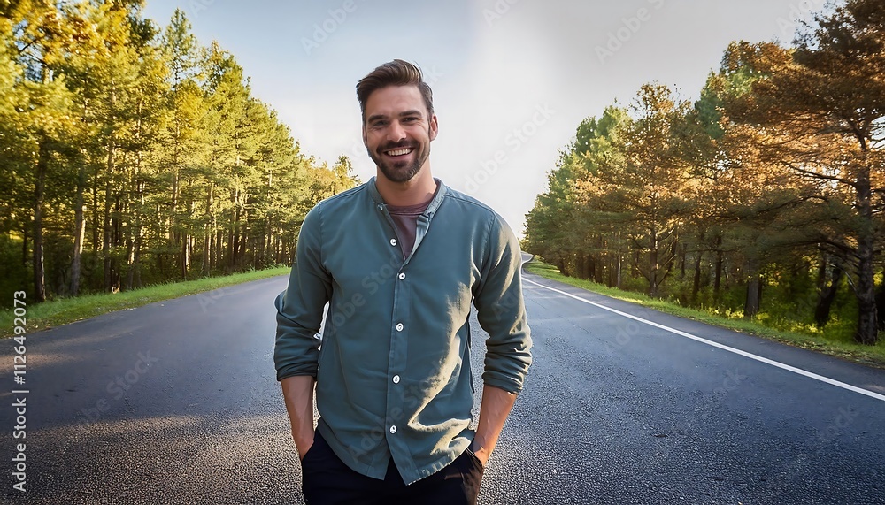 A handsome man smiles happily while sitting outdoors, enjoying the summer sun and sea breeze A handsome man smiles happily while sitting outdoors, enjoying the summer sun and sea breeze