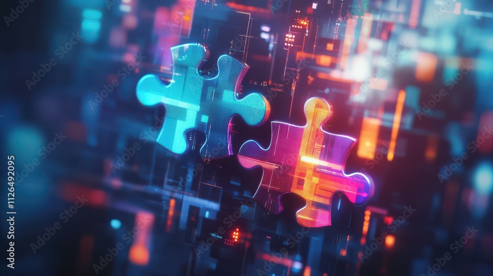 Digital representation of API integration concept with two interlocking puzzle pieces against a futuristic tech-inspired abstract background, symbolizing connectivity and interoperability. Digital representation of API integration concept with two interlocking puzzle pieces against a futuristic tech-inspired abstract background, symbolizing connectivity and interoperability.