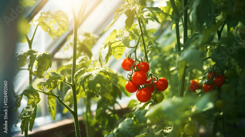 A tomato plant growing in a greenhouse, stock image