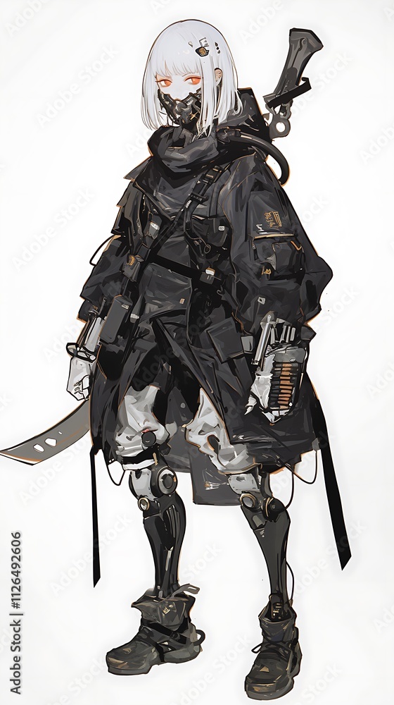 Naklejka premium Cyberpunk Girl with Katana and Gun