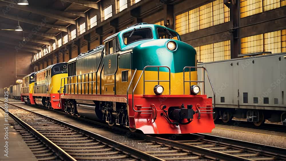 Vibrant Diesel Locomotives Inside an Industrial Railway Depot with Sunlit Windows
Vibrant Diesel Locomotives Inside an Industrial Railway Depot with Sunlit Windows