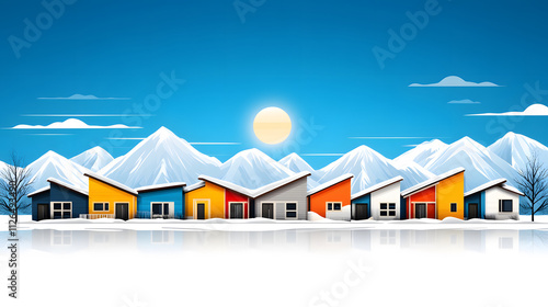 A colorful row of modern houses set against a snowy landscape and bright blue sky, with mountains in the background and a shining sun overhead