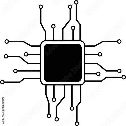 Processor line icon, microchip cpu technology board, Central processing unit. Design element flat, simple silhouette. Vector illustration