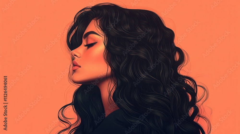 Beautiful woman in profile with long and shiny wavy hair . Beauty model girl with curly hairstyle . Fashion, cosmetics and makeup Beautiful woman in profile with long and shiny wavy hair . Beauty model girl with curly hairstyle . Fashion, cosmetics and makeup