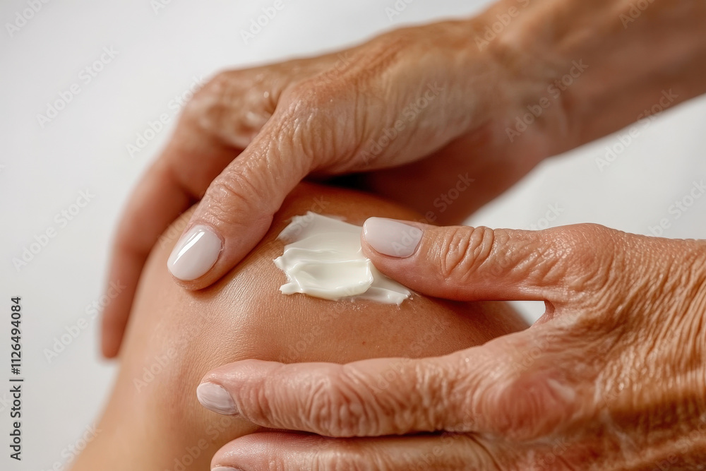 Hands Applying Moisturizing Cream to Dry Skin on Knee for Health and Beauty in Relaxing Indoor Setting Hands Applying Moisturizing Cream to Dry Skin on Knee for Health and Beauty in Relaxing Indoor Setting