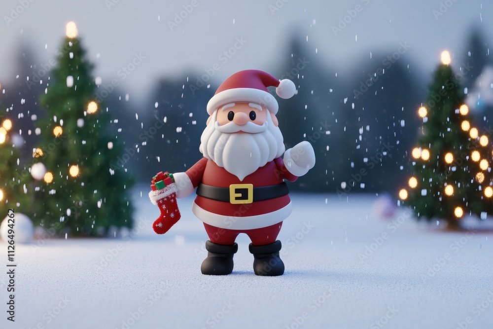festive santa claus figurine with a stocking in a snowy landscape festive santa claus figurine with a stocking in a snowy landscape