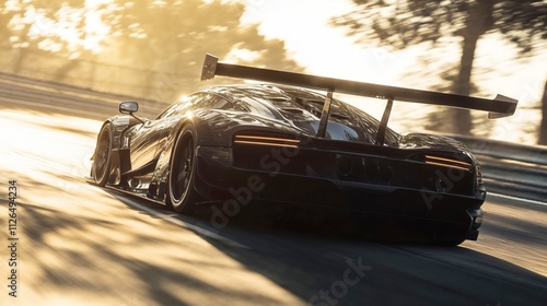 Black racing supercar photographed at golden hour on racetrack. Dynamic shot captures sleek aerodynamic design with large rear wing against dramatic sunlit background photo