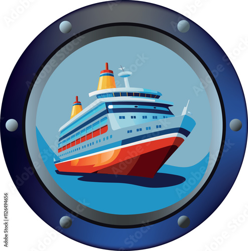 Cruise ship sailing on ocean seen through porthole window