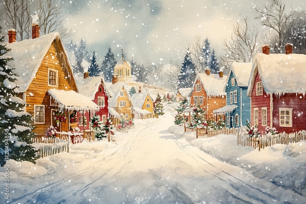 Fototapeta premium Christmas village in watercolor with colorful houses. Generative Ai
