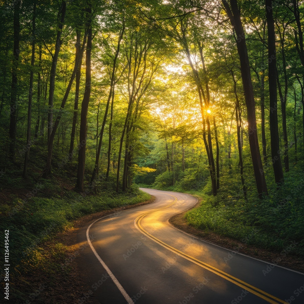 Obraz premium winding road through a sunlit forest