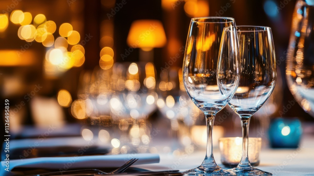 Elegant corporate event venue with sophisticated table settings and ambient lighting, highlighting a professional and upscale atmosphere.