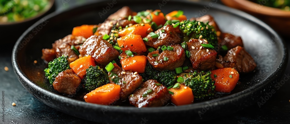 Beef and broccoli stirfry with carrots on a black plate, vibrant colors Beef and broccoli stirfry with carrots on a black plate, vibrant colors