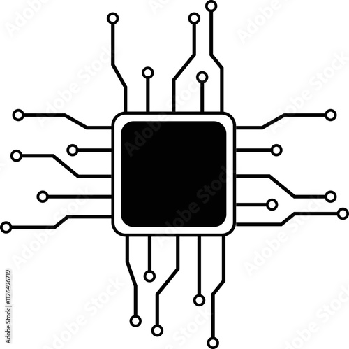 Processor line icon, microchip cpu technology board, Central processing unit. Design element flat, simple silhouette. 