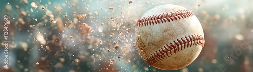 Closeup shot of a baseball just before being hit by a bat, blurred players in the background
