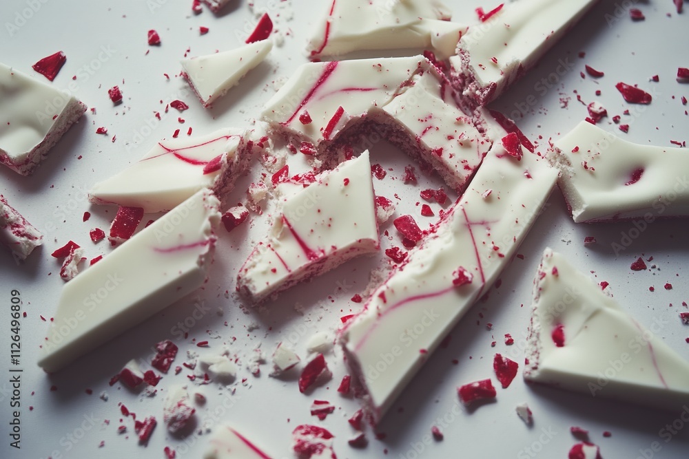 Delicious white chocolate pieces with red swirls and crushed peppermint scattered across a surface. Perfect for festive desserts and holiday treats. Generative AI Delicious white chocolate pieces with red swirls and crushed peppermint scattered across a surface. Perfect for festive desserts and holiday treats. Generative AI