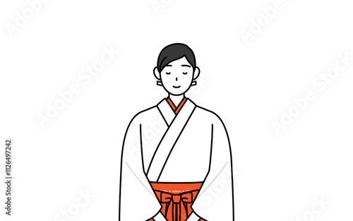 体の前で手を重ねる神社の巫女、白衣と緋袴