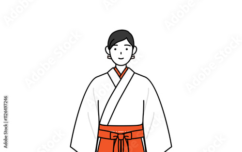 正面を向いた神社の巫女、白衣と緋袴