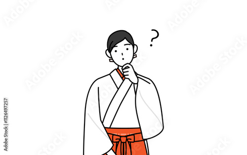 疑問を持って首をかしげる神社の巫女、白衣と緋袴