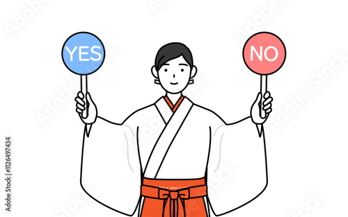正解と不正解を示す棒を持つ神社の巫女、白衣と緋袴