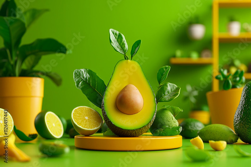 An avocado with leaves and lemons on a green background