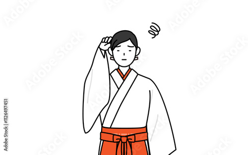 困って頭をかく神社の巫女、白衣と緋袴