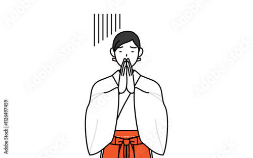 体の前で手を合わせて謝る神社の巫女、白衣と緋袴