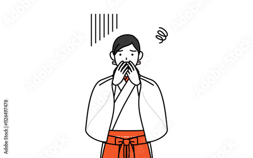 落ち込んで顔を覆う神社の巫女、白衣と緋袴