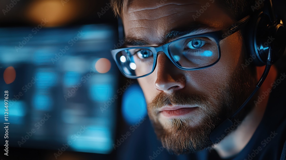 Man in headset analyzing stock data, multiple screens Man in headset analyzing stock data, multiple screens
