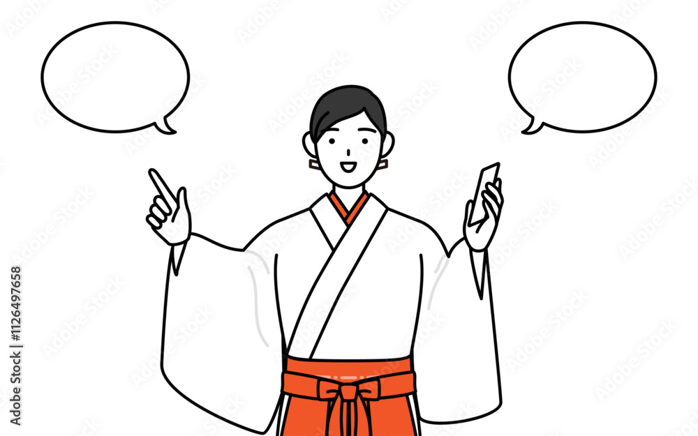 電話をしながら指さしをする神社の巫女、白衣と緋袴