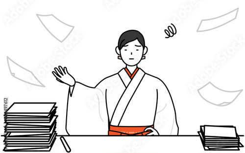 片付かない業務にうんざりする神社の巫女、白衣と緋袴