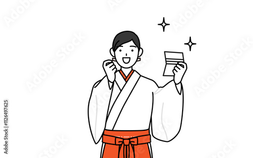 預金通帳を見て喜ぶ神社の巫女、白衣と緋袴