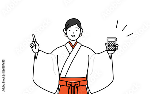 電卓を持って指さす神社の巫女、白衣と緋袴
