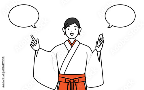 電話をしながら指さしをする神社の巫女、白衣と緋袴